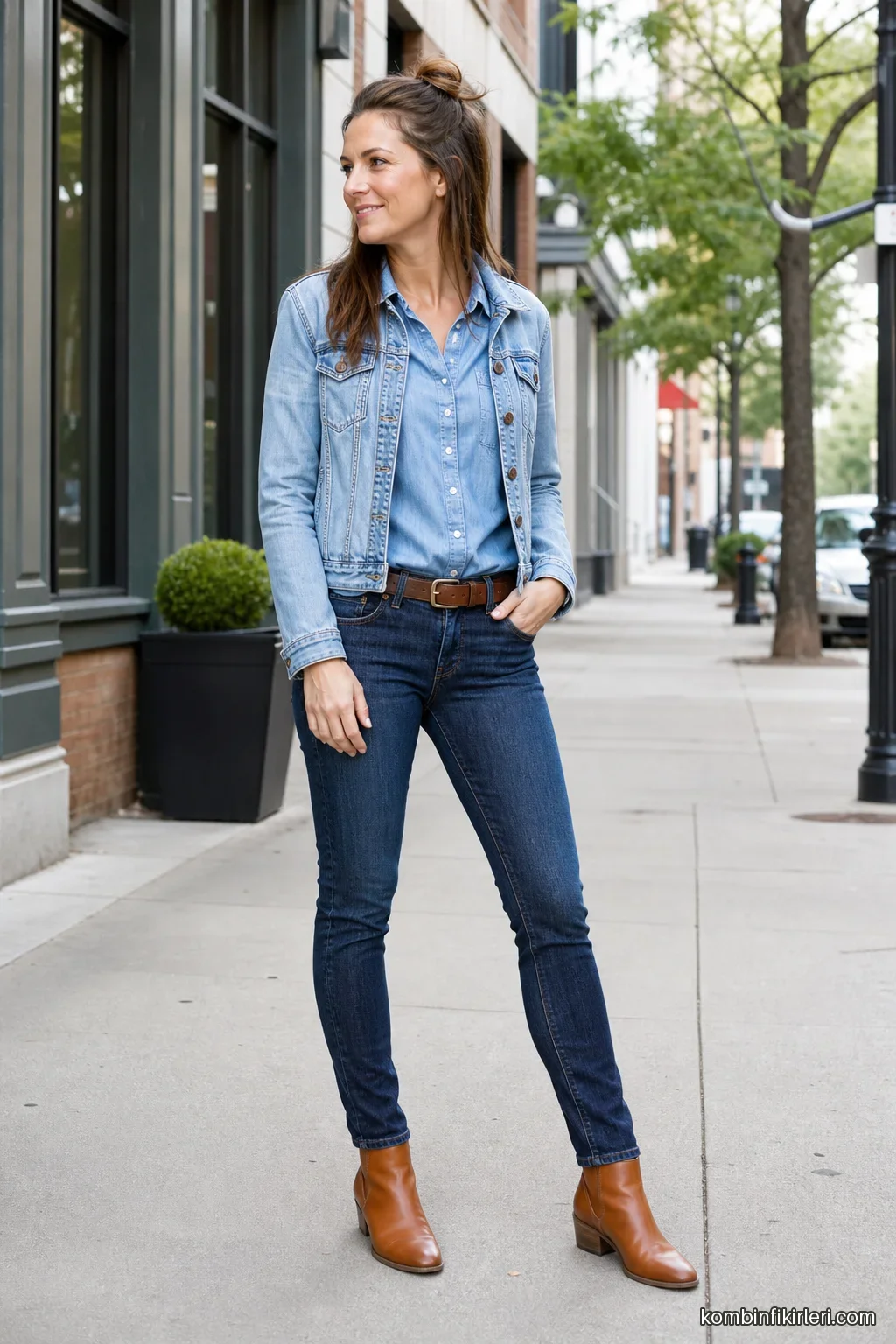 Açık mavi kot ceket, chambray gömlek, koyu kot ve taba bilekte botlarla denim üstüne denim kadın kombini.